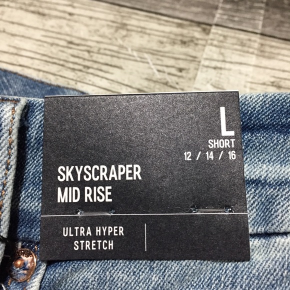 Express Skyscraper Mid Rise Jeans Women’s L Short 12/14/16 Blue Split Hem - Picture 10 of 10